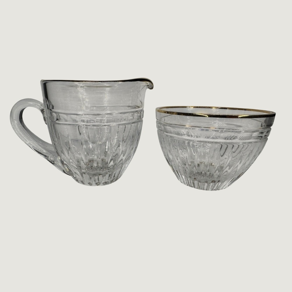 Waterford Clear Glass Creamer & Sugar Set Gold Rim 2pc Handles